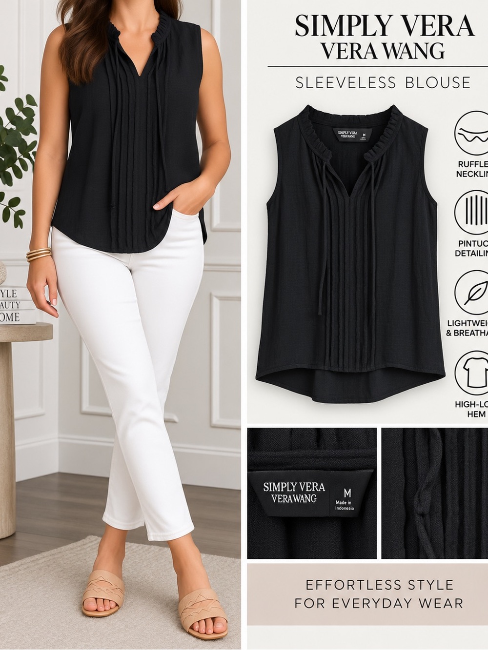 Simply Vera Vera Wang Blouse M Black Sleeveless Pintuck Ruffle High Low Top